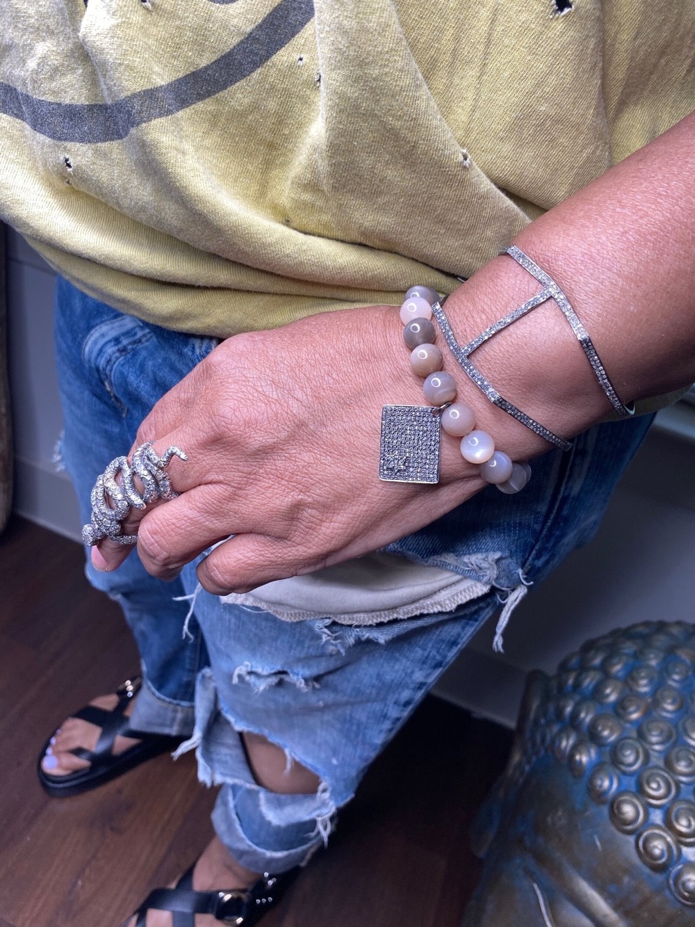 Peach Moonstone Stretch bead bracelet w/ Diamond Star charm (OAK)